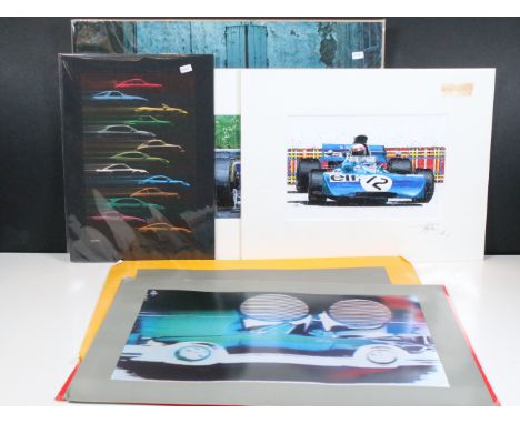Collection of motoring memorabilia to include Rolf Stringer, video art prints, Porsche 85, 2 x signed Formula Art Formula One