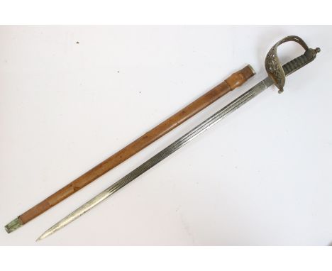 An Antique officers dress sword by Marshall of London, etched fullered blade, complete with leather covered scabbard.