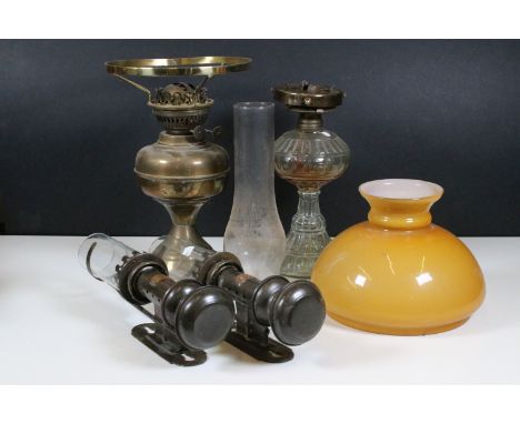 Collection of oil lamps to include pair of GWR Great Western Railway wall mounted oil lamps with cylindrical chimneys, glass 