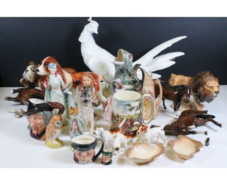 Collection of mixed ceramics to include Sylvac Bulldog, Royal Doulton Pied Piper, Beatrix Potter Foxy Whiskered Gentleman, Be
