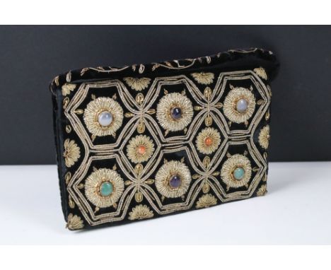 20th century vintage velvet hand bag purse with hand sewn bead work and mixed gemstone cabochon detailing including amethyst 