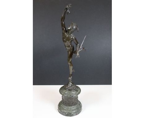 After Giambologna (Jean De Bologne) - Patinated grand tour bronze sculpture of Hermes on marble base, with cherub scene aroun