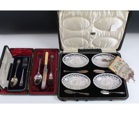 Three cased silver plated cutlery sets to include fork, knife and spoon set and a four piece cut glass dish and spoon set tog