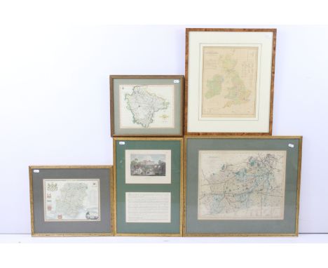 Collection of four maps, comprising: map of Surrey by J &amp; C Walker, hand-coloured print, 33 x 40m, Map Showing The Distri