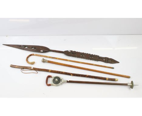 Collection of walking sticks to include white metal Chinese embossed handled walking cane, brass tipped walking cane, African