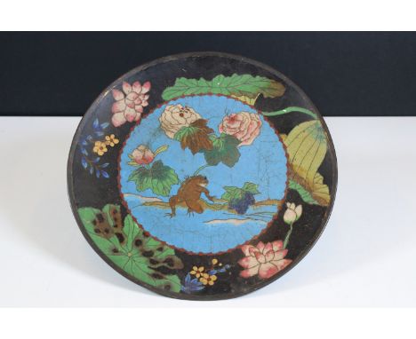 Late 19th / Early 20th Century Chinese cloisonne enamel plate of black and blue ground with flower detailing and a frog on Li