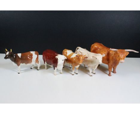 Collection of Beswick cow figurines to include Charolais, Guernsey, Hereford bull, Highland and Ayrshire examples (5)