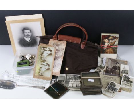 Collection of mixed collectables to include miniature brass candlesticks, small quantity of glass photographic slides, select