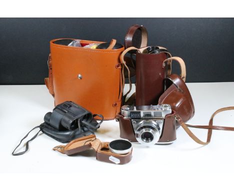 Small collection of lenses and binoculars to include cased Greenkat binoculars, Pentax 10 x 24 binoculars, Kodak Pronto-LK Re