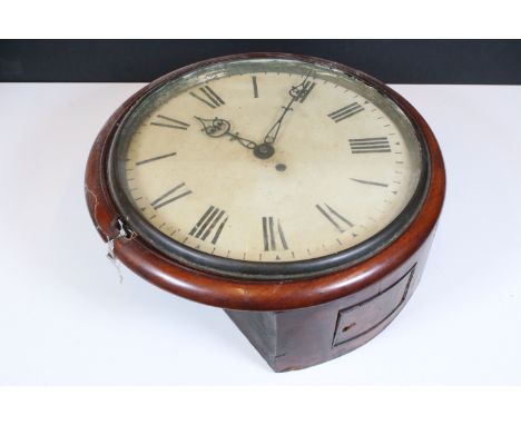 Late 19th Century mahogany cased single train fusee wall clock, with white enamel dial and Roman Numeral face, with metal han