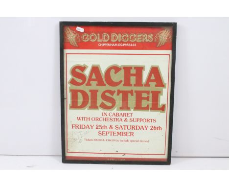 Original framed and glazed 1980s gig / concert poster for Gold Diggers Chippenham (Local Interest) Sacha Distel In Cabaret Wi