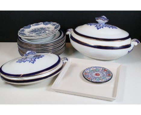 Selection of Royal Doulton blue and gold trim service ware to include plates, platters and tureens together with Spode Italia