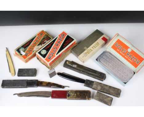 A group of shaving related collectables to include Rolls Razor and Cut Throat razors..etc.. 