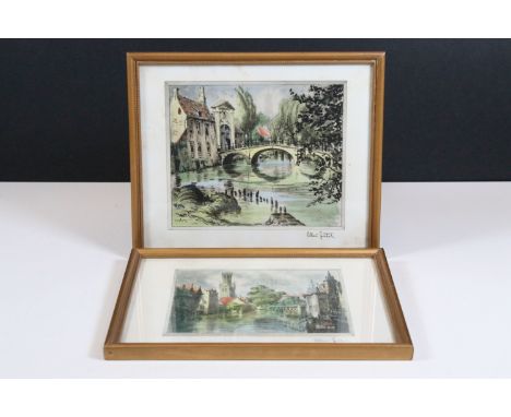 After Allin Pethal (20th century), a pair: Brugge scenes, each hand-coloured etching, labels verso for Staples Dealer in Fine