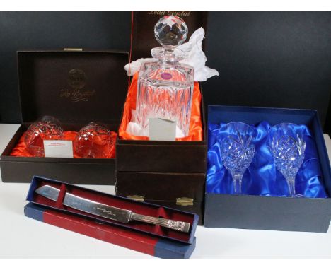 Webb crystal to include two decanters and two brandy glasses together with a Rockingham Crystal pair of wine glasses and a Co