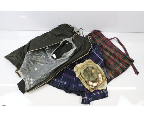 Collection of Scottish traditional ware to include two two Highland woven kilts, size 34 together with blazer and waistcoat s