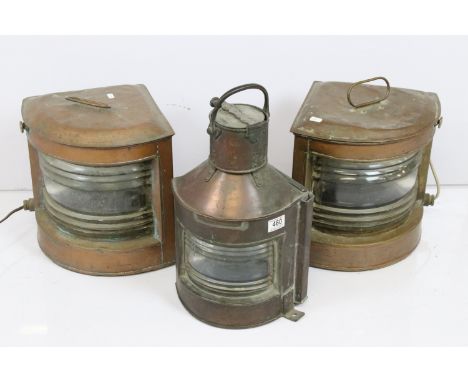 Pair of copper ships lanterns with glass inners, converted to electric, together with a WW2 copper Bow Starboard ships lanter