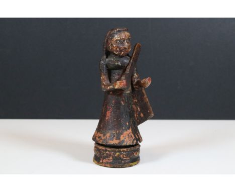 Early 20th Century folk art wooden hand carved Indian lady in traditional Sari costume with traditional Indian instrument, po