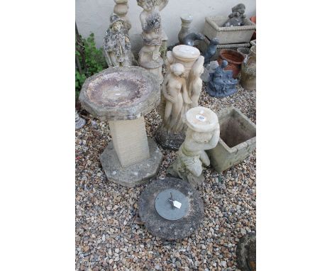 Raised bird bath on brick work detail column together with cherub plinth, sun dial, crazed planter pot and nudes statue colum
