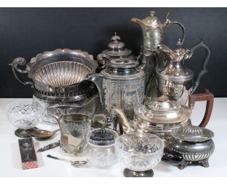 Collection of silver plate and other metalware to include art nouveau glass and silver plate claret jug, coffee pot, H.L &amp