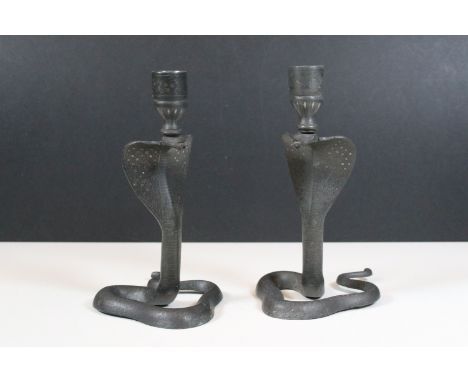 20th century pair of cast metal cobra snake candlestick holders, H 20cm