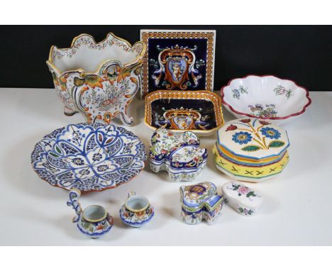 Collection of Late 19th Century onwards French Faience and Quimper ceramics to include Fleur-De-Lis trinket box, trinket box,