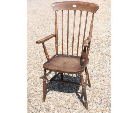Early 20th century Windsor chair with stick back, marked G.B, above turned legs and stretchered base (1)