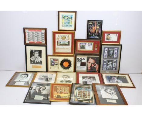 Collection of framed stock sheets and autographs to include nine limited edition stamp sheets including DC Comics Superheroes