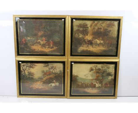 19th century English school, set of four: hunting scenes, coloured stipple engravings, 40.5 x 54cm, each in verre eglomise fr