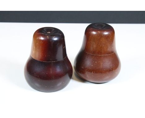 Pair of wooden pear shaped trinket boxes / reel holders in the style of Georgian tea caddy's, one with hole to top, measures 