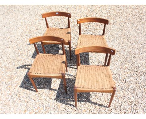Set of four Danish Morgen-Kohl mid-century teak rush chairs, bearing 'Danish Furniture Maker's Control &amp; Craftsmanship' l