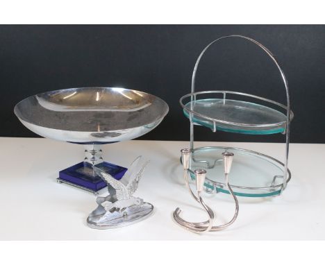 Art Deco Mautner Farber chromium plated serving bowl on blue glass pedestal, together with Carl Christiansen (Denmark) modern