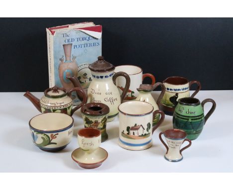Group of Torquay and Dartmouth pottery Motto ware ceramics to include mug, egg cup, coffee pot, etc together with 'The Old To