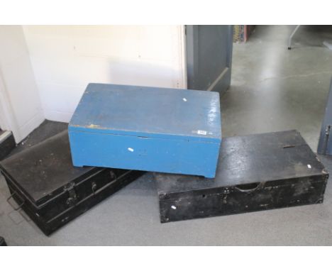 Three storage trunks to include painted blue wooden example, painted black wooden box and black metal trunk with carry handle