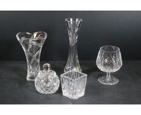 Waterford Crystal Cross votive 2000 AD candle holder, fluted vase and brandy glass together with lidded spherical jar, marked