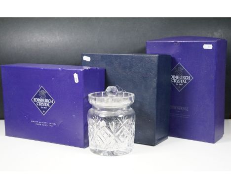 Waterford Crystal jar and lid together with four Edinburgh Crystal whisky tumblers, two champagne flutes and a Stuart Crystal