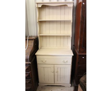 Mid 20th century narrow pine dresser with boarded back and two shelves, over one long drawer and double door cupboard, H 186c