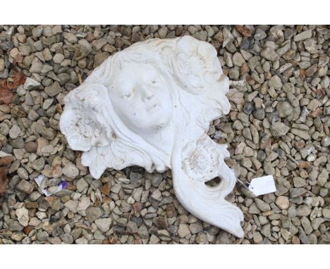Art Nouveau style stone female head wall pocket planter, H 42cm