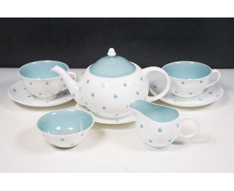 Susie Cooper Bone China coffee / tea / breakfast set for two in blue polka dot pattern, including teapot, 2 x cups and saucer