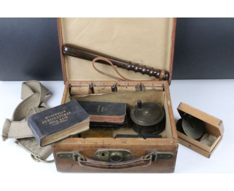 A group of fishing collectables to include two antique brass fishing reels, a selection of flies within case, together with a
