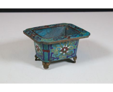 Late 19th Century Qing Dynasty Chinese cloisonne enamel planter of rectangular form on brass feet, measures 11cm x 6.5cm