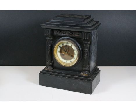 Victorian slate two train mantel clock, the dial flanked by Corinthian columns above stepped base, 31cm high x 24.5cm wide x 