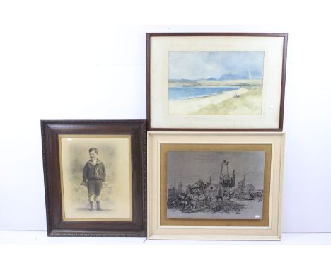 Early 20th century photographic print of boy in period sailor outfit H 49.5cm x W 39cm together with a beach sea scape waterc