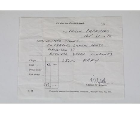 The Kray Twins - An H.M. Prison Parkhurst receipt for Mrs Filler leaving the sum of £12 to No.058110 Reggie Kray in 1974.