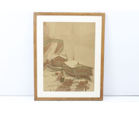 Russian school, 20th century coastal harbour scene with barge dwelling, lithograph / print, monogrammed lower right, Russian 