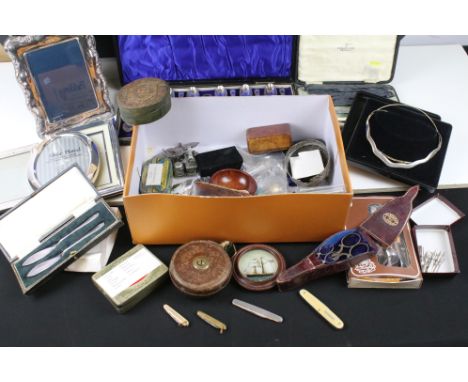 A group of mixed collectables to include silver plated photograph frames, cased silver plated cutlery, pre decimal silver coi
