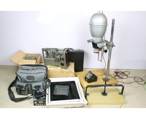 Quantity of camera equipment to include an enlarger, developing trays, Practika LLC camera in case, Specto projector, Hi-Lyte