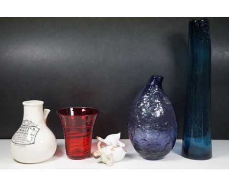 20th century group of three coloured glass vases in varying forms together with a vintage ceramic 'improved inhaler' and a ma