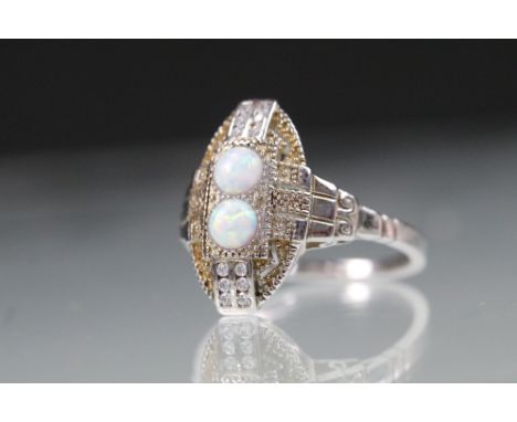 Silver, CZ and opal panelled Art Deco style ring