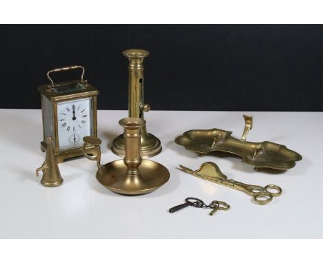 Collection of brassware items to include French brass carriage clock with bevel edged glass panels and roman numeral face, ri